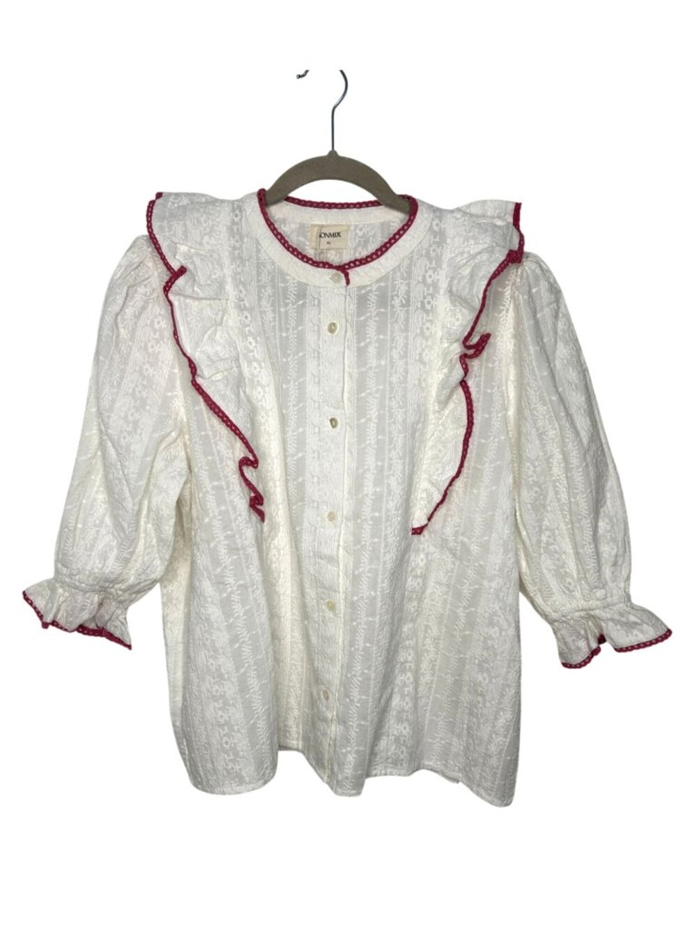 NWT Vintage-Style White Blouse With Red Trim Ruffle Detail By Sonmer Size XL